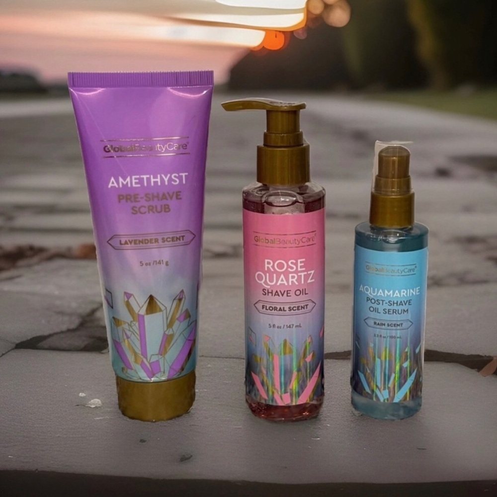 Amethyst Pre-Shave Scrub, Rose Quartz Shave Oil & Aquamarine Post Shave Oil Set